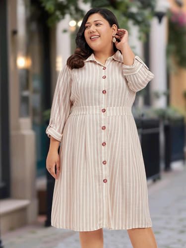 wild U Women Plus Size Shirt Dress | Linen Fabric | Midi | Striped | Long Sleeve | Western Formal (White Beige, Size: 5XL)