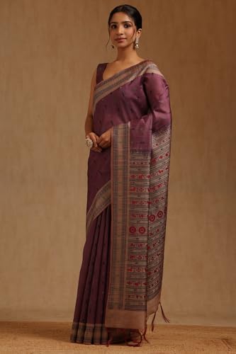 Soch Womens Wine Tussar Zari Woven Saree
