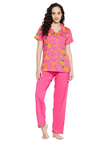 Clovia Women's Cotton Printed Button Me Up Shirt & Pyjama Set (LS0025D14_Pink_M)