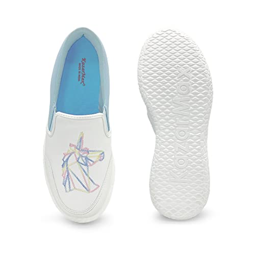 KazarMax Boys & Girls White Blue Unicorn Embroidery Comfortable Sneaker Shoes - 10 Kids UK