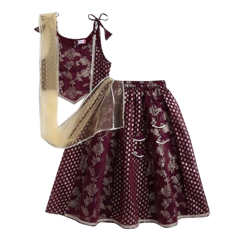 Hopscotch Girls Sleeveless Red 3-Pc Shoulder Tie-Up Lehenga Set For Age (5-6 Years)