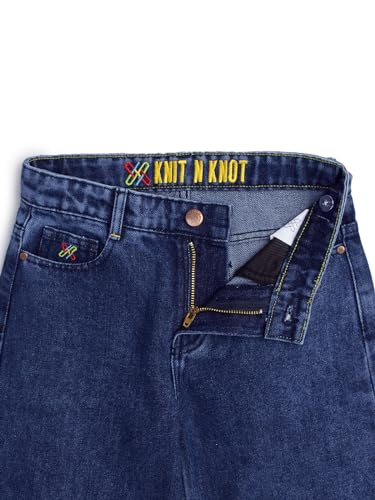 Knit N Knot Girls' Kids Premium Indigo Blue Wide Leg high Rise Flared fit, Relaxed Loose Ruptured Cloud Bottom Effect Jeans | Regular Casual Festival Occassional Wear | Non Stretch | Adjustable Waist