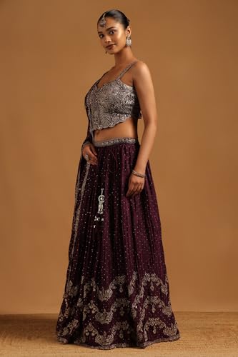 Soch Womens Wine Chinon Floral Lehenga Choli Set With Stone Work