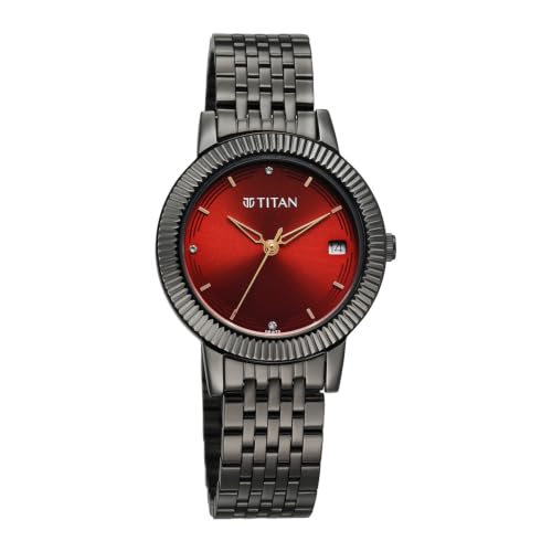 Titan Plain 3 Hands Karishma Red Round Dial Gun Plating Stainless Steel Strap Womens Watch - NU2968QM01