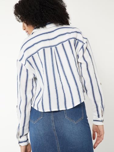 Max Women Striped Boxy Fit Crop Shirt(Blue_XL)