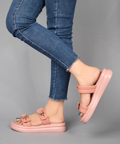 JM LOOKS Women Open Toe Stone Embellished Platform Heels Sandals with Bows Peach