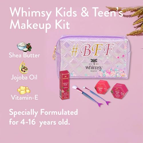 Whimsy Beauty Organic & Safe Makeup Kit | Safe beauty Set for Girls, Preteens & Teens | Eye Glitter, Lip Cheek Tint, Kids Lip Gloss and Mermaid Brushes | Vegan & Cruelty-Free (Pack of 5)