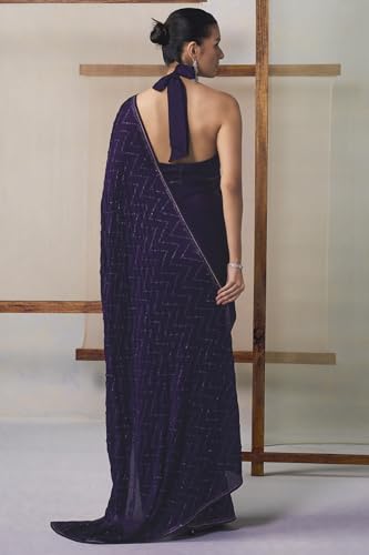 Soch Womens Purple Crepe Embellished Saree