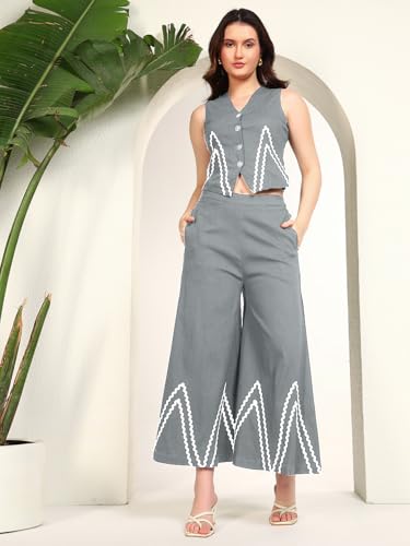 DEEBACO Women's Solid Lycra Ankle Length Waist Coat with Palazzo|V-Neck|Cord Set for Women Fashion|Long Jumpsuits Western Dress for Women Stylish|Two Piece Co ord Set|Casual Wear(DBCO00002276_XL_Grey)