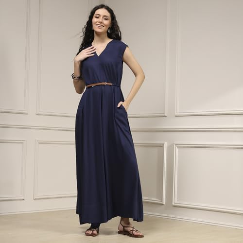 Biba Women's Rayon Asymmetric Floor Length Jumpsuit (RTRDMA31112AW25NVY_Navy Blue