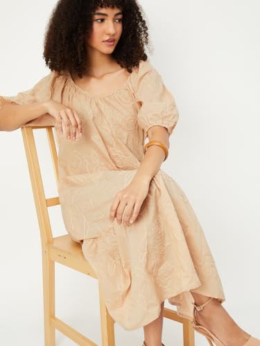 Max Women's Cotton A-Line Below The Knee Dress (VV58002_Beige