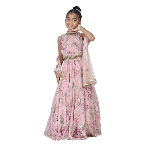 Biba Girls Pink Viscose Organza Printed Regular Lehenga Set_14-15Y