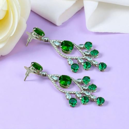 ACCESSHER Elegant Silver-Tone Multicolor Stone Drop Dangle Earrings | American Diamond Studded Lightweight Jewellery For Gift | Stylish Earrings For Women & Girls (Green)