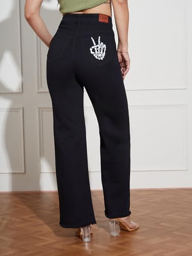Miss Chase Women's Wide Leg High Rise Hand Painted Skeleton Art Stretchable Denim Jeans (MCSS18DEN02-19-342-30, Shadow Black, 30)