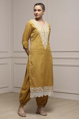 Biba Women Yellow Cotton Blend Thread Embroidered Unstitched Suit Set_FREE SIZE