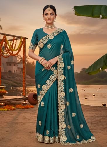 Glory Sarees Women's Silk Georgette Embroidery Work Saree With Blouse Piece (LF853_Teal)