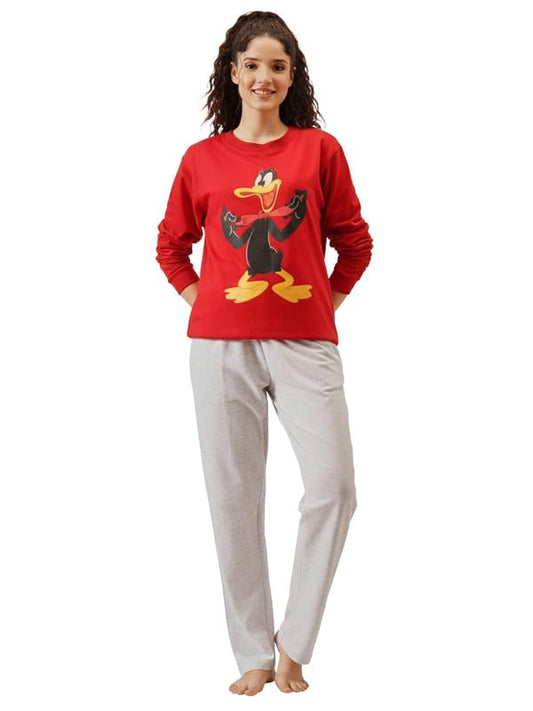 Clovia Women's Wintewear Terry Cotton Graphic Print Sweatshirt with Pyjama Set (COMLS0717_Red & Grey_L)