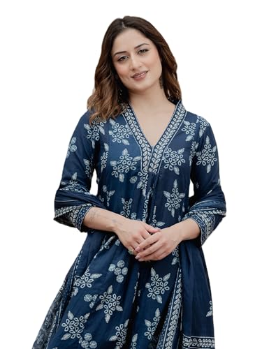 Arayna Women’s Pure Cotton Handblock Ethnic Printed Kurta Set with Pants & Dupatta - Indigo Blue, Small