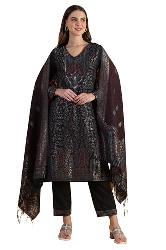 W for Woman Black Yarn Dyed Sequins A-Line Kurta & Straight Pant with Dupatta Set (Size: XS)-24NOWS11842-314128