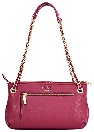 eske Piquer, the Shoulder Bag | Genuine Leather Handbag for Women | Braided Back | Chain Strap with Padding | Zip Closure | 1 Main Compartment | Elegant Structured Daily Use Purse (Wine)