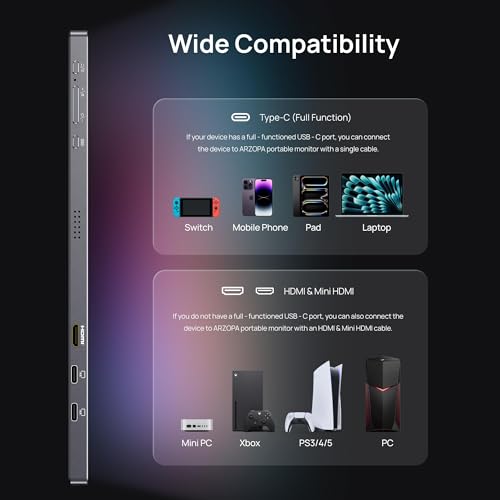 ARZOPA Z3FC 16.1" 180Hz 2.5K Portable Gaming Monitor with Stand, 106% sRGB, External Portable Monitor as Second Screen for Laptop, PC, PS5, Mac, Xbox