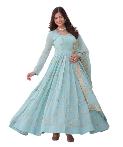 Fashion Basket Havy Georgette Embroidered Anarkali Dress for Women Sky Blue