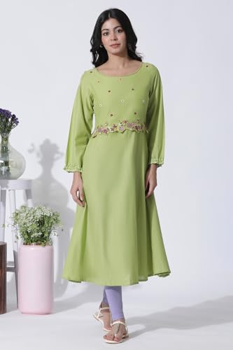 W for Woman Green Embroidered A-line Cotton Kurta and Tights Set_23FEWS18441-218446_2XL