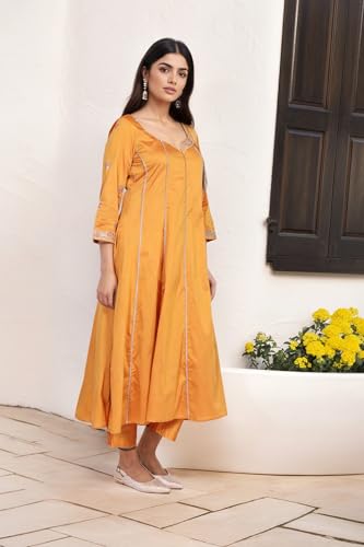 W for Woman Yellow Floral Print Embroidered Anarkali Jacquard Kurta with Straight Pant and Dupatta Set (WS13243-224277-XS)