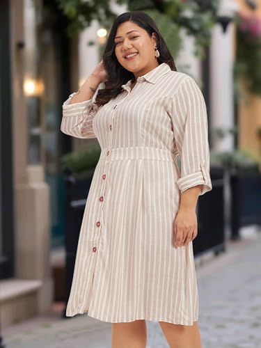 wild U Women Plus Size Shirt Dress | Linen Fabric | Midi | Striped | Long Sleeve | Western Formal (White Beige, Size: 5XL)