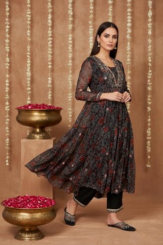 W for Woman Black Floral Printed Chiffon Flared Kurta with Straight Pant and Dupatta Set (WS13197-126216-L)