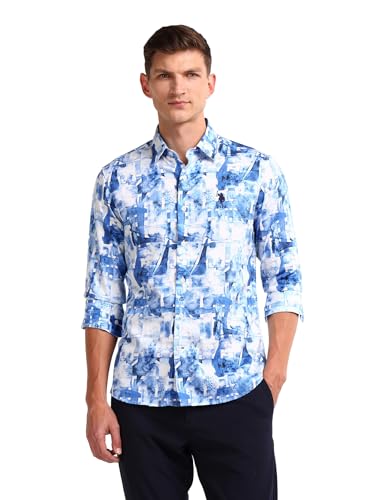 U.S.POLO ASSN. Mens Blue All Over Print Collared Neck Long Sleeve Casual Cotton Regular Fit Shirts (USSHTFX0554_Blue_L)