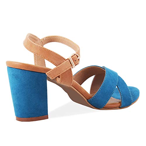 ROCIA Blue Criss Cross Strap Block Heels with Buckle Closure