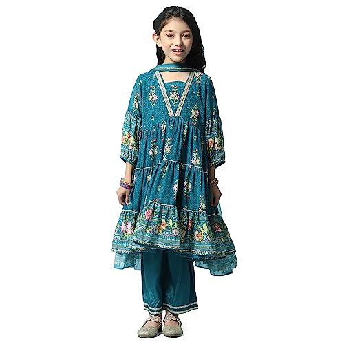 BIBA Girl's Cotton Printed Tired Kurta Kid (Kw5449_Teal_5, Salwar Suit Set)