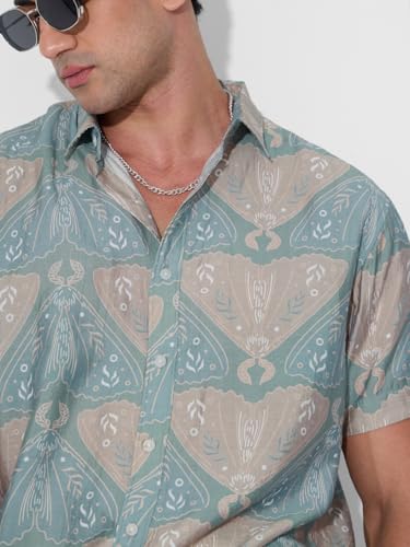 The Souled Store Holiday Shirt: Indie Men and Boys Short Sleeves Collared Neck Button Front Blue All Over Printed Cotton Blend Regular Fit Holiday Shirts