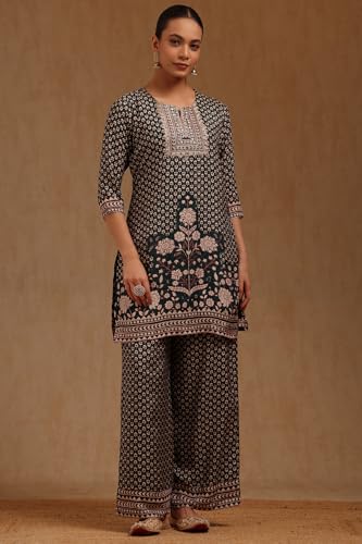 Soch Womens Green Muslin Floral Print Suit Set With Zari