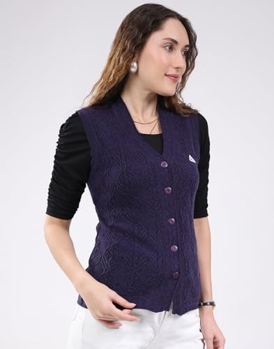 Monte Carlo Women's Regular Fit Self Design V Neck Sleeveless Cardigan| Warm Woolen Buttoned Sweater for Ladies | Stylish Knitted Cardigan for Women's Purple M