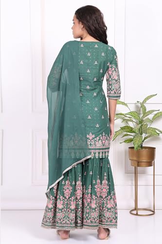 W for Woman Green Floral Printed Cotton Straight Kurta with Sharara and Dupatta Set - (WS13741-127334-L)