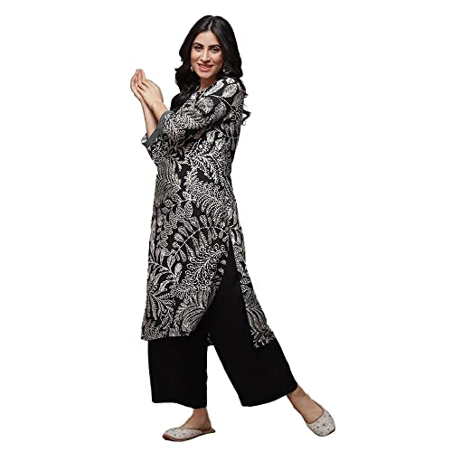 BIBA Women Rayon Printed Mix And Match Kurta with Palazzo Set (2Pc Set2003_Black_38), XL
