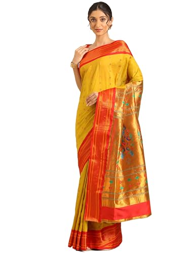 Varkala Silk Sarees Muniya Paithani Saree, Silk Blend Traditional Maharashtrian Saree with Copper Zari Border, Peacock Pallu 5.5 Meter and Unstitched Blouse, Beige & Red