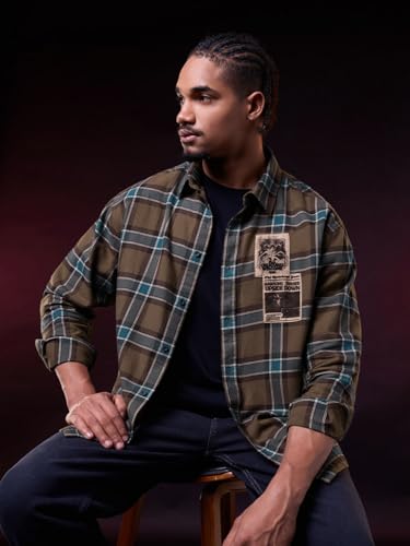 The Souled Store Stranger Things: in The News Men and Boys Long Sleeve Spread Collar Embellished Relaxed Fit Everyday Office Wear Easy to Style Casual Cotton Shirt Brown