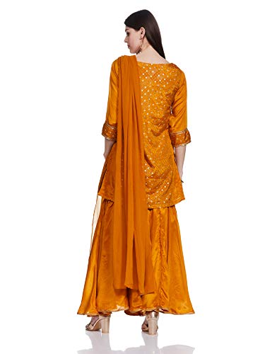 BIBA WOMEN EMBROIDERY FLARED SALWAR KURTA DUPATTA(SKDEMBROIDE6814_OCHRE_42)