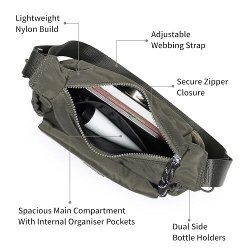Fastrack Urban Olive Sling Bag for Women | Lightweight Nylon Crossbody Bag | Spacious Compartment with Organizer Pockets | Front Magnetic Pocket | Side Bottle Holders | Adjustable Webbing Strap