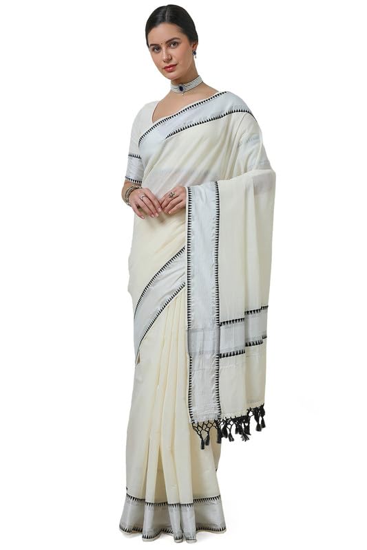 Soch Womens Cream Cotton Blend Woven Design Kasavu Saree With Tassels