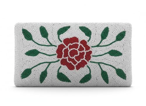 OLL OO LA LA BEAUTY Floral Envelope Clutch Bag for Women | Luxury Wedding Bridal Party Purse | Ethnic Red & White Embroidered Evening Handbag with Chain