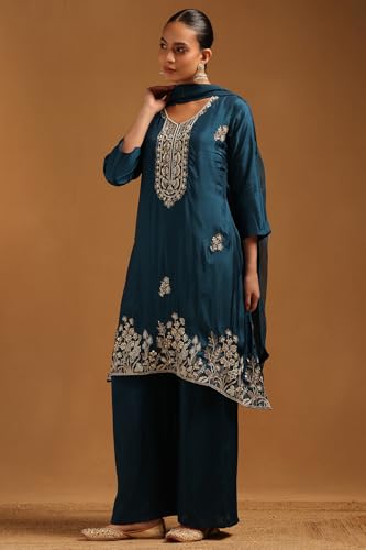 Soch Womens Teal Blue Roman Silk Floral Suit Set With Hand Embroidery and Bead Details