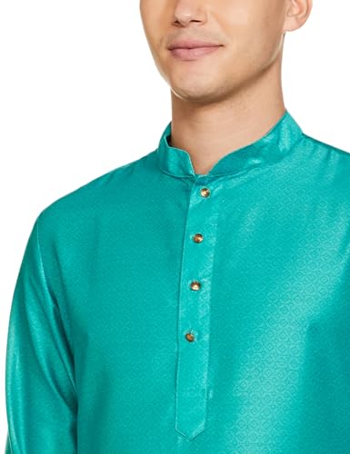 Manyavar Green Blended Cotton Solid Casual Kurta Set for Men