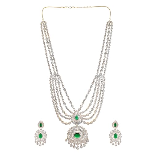 VOYLLA Glorious Green American Diamond Necklace Set|Necklace Set For Women|Women Necklace Set |Gold Necklace Set For Women|American Diamond|Festival|Diwali|Party|Wedding|Gift For Women|