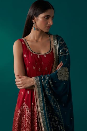 Wishful Women's Red Zari Embroidered Jacquard Anarkali Sleeveless Kurta with Churidar and Dupatta Set (SP13162-314304-L)