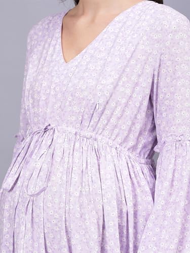 Miga Women's Maternity Dress with V Neck and Feeding Zipper, Pocket and Adjustable Tie-Knot Waist, Puff Sleeve Lilac