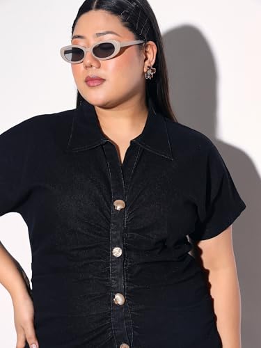 Sassafras Curve Women Black Blast Denim Front Ruching Bodycon Dress-6XL